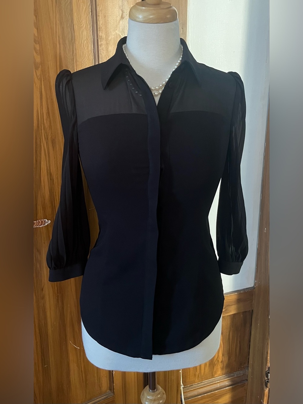 Sheer Plisse Sleeve Black Button-down Blouse